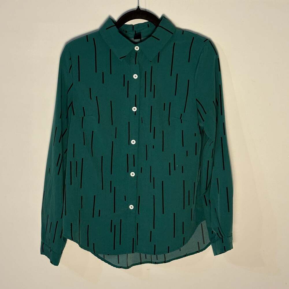 SHEIN Green and Black  Print Long Sleeve Button Down Blouse 008-0014